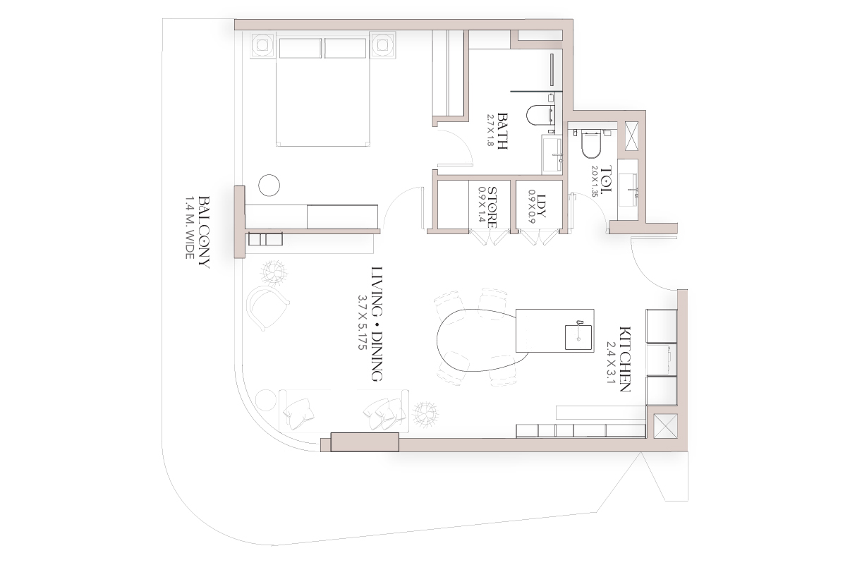 Luxor By Imtiaz A floor plan diagram showing an apartment layout with labeled rooms including balcony, living-dining, kitchen, and bathroom.